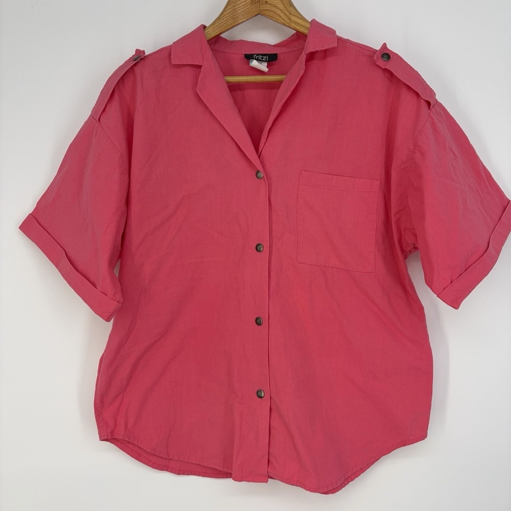 Vtg Fritzi of California Cropped Shirt L 80s Pink Snap Boxy Beach Summer Top Sea